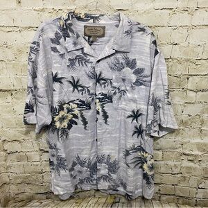 Palm Island Gray Blue Floral Hawaiian Print Button Up Shirt